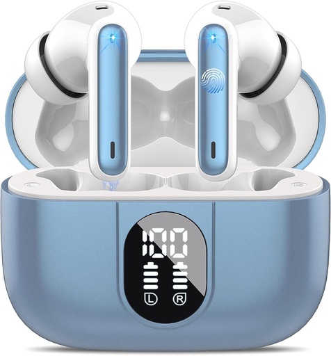Căști fără fir BESNOOW, 2023 Bluetooth 5.3 HiFi Stereo cu microfon HD, mini căști intraauriculare Bluetooth wireless 40H, impermeabile IP7, afișaj LED, USB-C, albastre