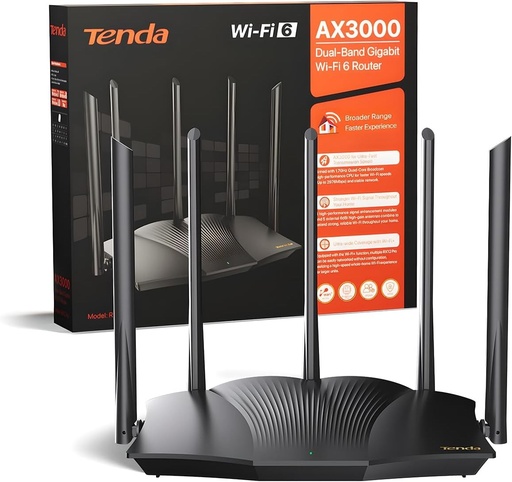 Router Tenda RX12 Pro WiFi 6 Dual-Band AX3000 (2.4GHz + 5GHz, necesită conexiune la internet prin cablu), 4 porturi Gigabit, lățime de bandă de 160MHz, WiFi+ Mesh, OFDMA/VPN/WPA3/IPv6/TWT