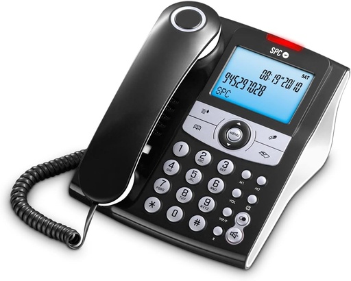 SPC Elegance ID – Telefon de birou cu fir cu afișaj iluminat, 2 apelări rapide, agendă telefonică, ID apelant, funcție hands-free și indicator apeluri pierdute - Negru
