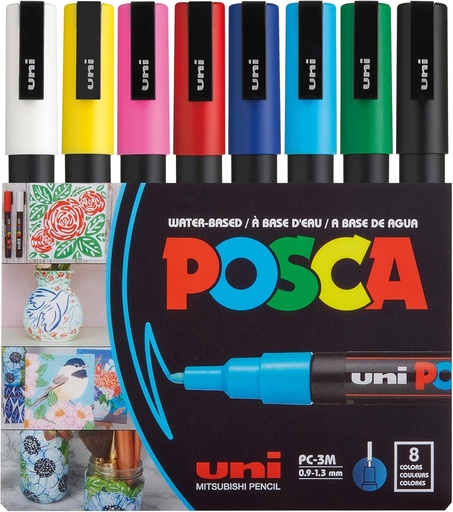 POSCA uni-ball 186508 - Marker POSCA cu vârf rotund fin, set de 8, culori de bază