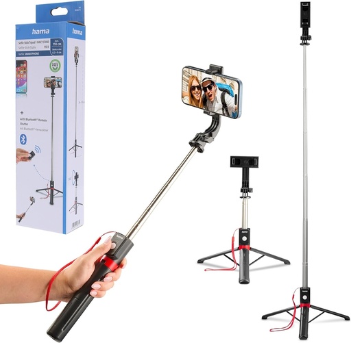 Hama Stick Selfie Trepied pentru Telefoane Mobile 30-110cm cu Declanșator Foto/Video (Ultraușor 195g Dimensiune pachet 24cm, Stick Selfie cu Trepied și Telecomandă Bluetooth, Suport Universal pentru Telefon Mobil iPhone etc.)