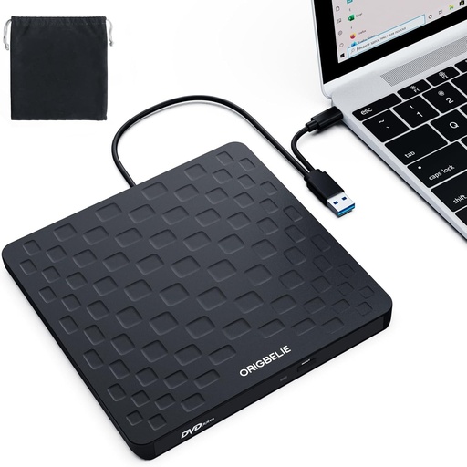 ORIGBELIE Unitate CD/DVD externă, USB 3.0 Tip C Ultra Slim 13mm CD/DVD +/-RW, Cititor CD extern Plug & Play pentru laptop, Windows 11/10/8/7, Linux și Mac OS (Negru)
