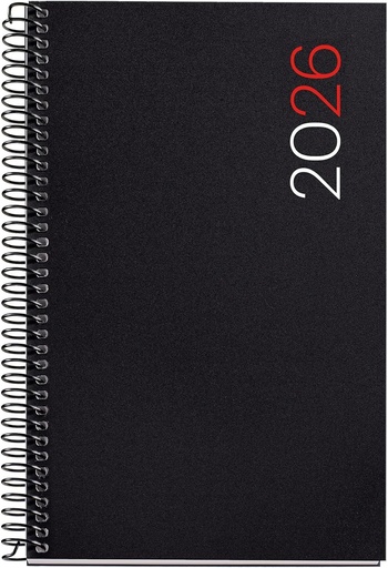 Miquelrius - Agenda 2026 zile pe pagină, similară cu A6+ (117 x 182 mm), copertă flexibilă din polipropilenă, legată cu spirală, hârtie 80 g/m², agendă zilnică, Catalan-EN-PT, neagră