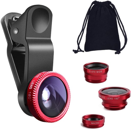 KINGMAS Kit obiectiv universal 3 în 1 Fish Eye și Macro cu clip pentru iPad, iPhone 7, 6, 5, Samsung, Blackberry, HTC și majoritatea smartphone-urilor (roșu)