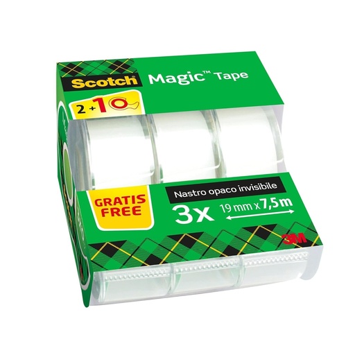 Bandă adezivă invizibilă Scotch Magic - 3 role de 19mm x 7.5m - Bandă adezivă de uz general pentru repararea, etichetarea și sigilarea ambalajelor și documentelor