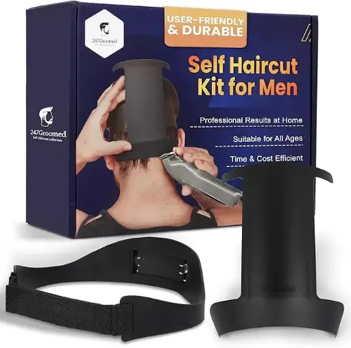 Kit de tuns 247 Groomed pentru bărbați | Ghid de tuns 2 bucăți pentru bărbați: Șablon de ras pentru decolteu și ghid de estompare | Instrument de estompare a părului cu dimensiune reglabilă și instrument de aliniere stabilă a gâtului | Tuns pentru copii și seniori