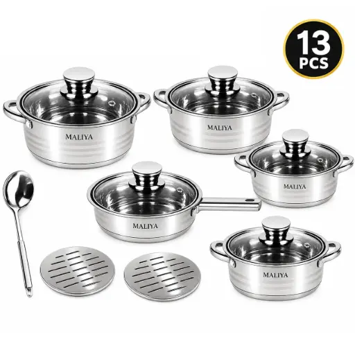 Set Maliya Premium Cookware Inox 13 Piese - Set oale si tigai cu capace, compatibil cu toate tipurile de suprafete de gatit