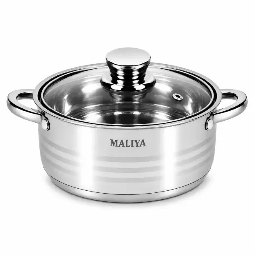 Oala Maliya Premium Cassrole Inox 24 cm - Oala cu capac din sticla si manere, compatibila cu toate tipurile de suprafete de gatit