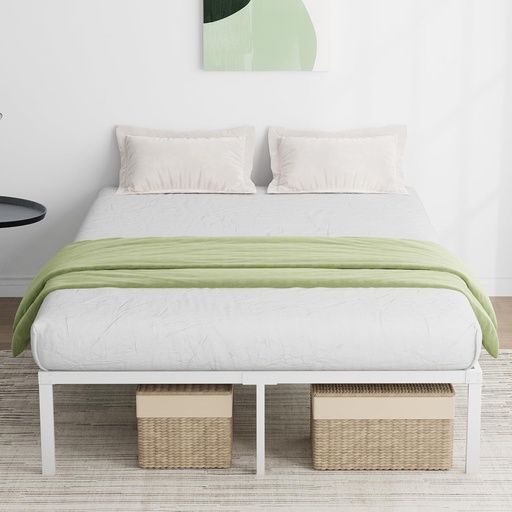 Cadru de pat metalic Novilla 30,5 cm, cadru de pat cu platformă, suport cu lamele din oțel, somieră, asamblare ușoară, design silențios, spațiu de depozitare sub pat 140x190 cm, alb