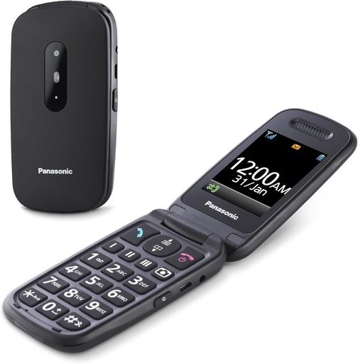 Telefon mobil cu clapă Panasonic KX-TU446 (apeluri prioritare, ecran de 2,4", butoane iluminate din spate, autonomie mare a bateriei, rezistență la șocuri), negru