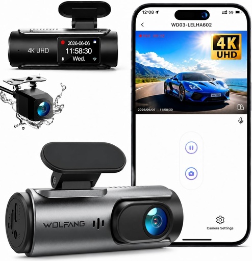 Cameră auto WOLFANG 4K UHD față și spate, cameră auto cu obiectiv dublu pentru mașini, unghi larg de 170°, monitorizare parcare 24h cu înregistrare în buclă și senzor G