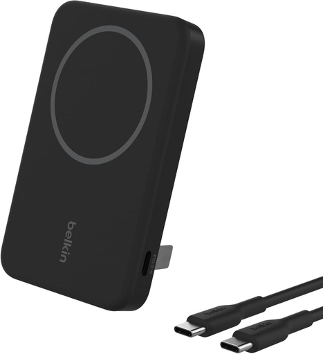Baterie externă wireless Belkin BoostCharge Pro 5000mAh cu Qi2, încărcător portabil compatibil cu MagSafe + suport șevalet, baterie portabilă pentru iPhone 16, iPhone 15, 14, 13 și altele, negru