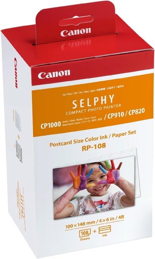 Pachet multiplu de cerneală și hârtie Canon SELPHY RP-108 – Cartușe de cerneală originale pentru imprimantă foto Canon, 108 coli de hârtie foto (100 x 148 mm)