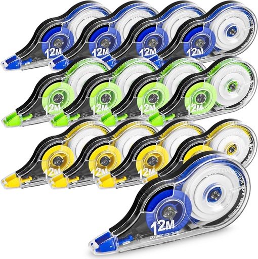 Mixara Lot de 12 role de bandă corectoare pentru mouse, 12m x 5mm, bandă corectoare cu capac protector, rolă Tippex în 3 culori (galben, albastru, verde) pentru studenți, birou, școală și acasă