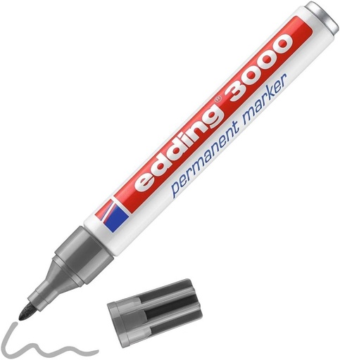 Marker permanent edding 3000 - Gri - 1 pix - vârf rotund 1,5-3 mm - uscare rapidă - rezistent la apă și la ștergere - pentru carton, plastic, lemn, metal - marker universal