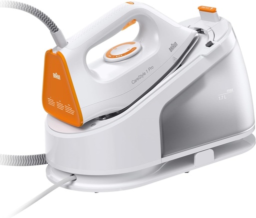 Braun CareStyle 1 Pro – Sistem de călcat cu abur cu boiler, fier de călcat cu abur puternic, talpă FreeGlide 3D, rezervor de apă de 1,7 l, călcare rapidă și verticală, alb/portocaliu (IS1511WH)