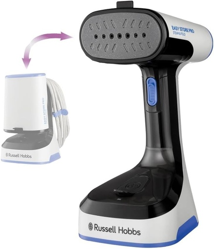 Fier de călcat cu abur Russell Hobbs Steam Genie Easy Store [1500W, pliabil și antibacterian] (dezinfectează, încălzește rapid, rezervor de apă de 150ml, duză pentru material textil, ideal pentru călătorii) 26740-56