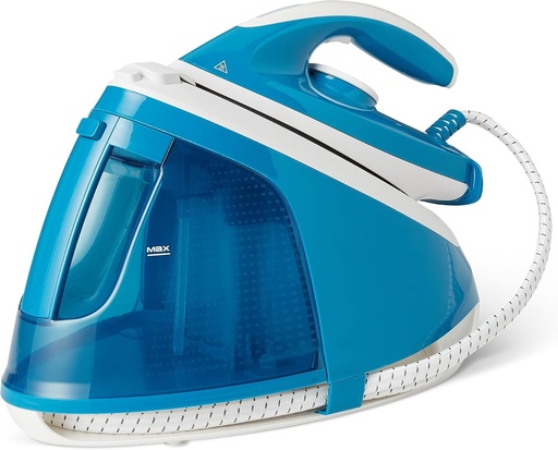 Fier de călcat cu abur Amazon Basics cu pompă de 6 bare, jet de abur de 240 g/min, abur continuu de 120 g/min, rezervor de apă de 1,5 l, 2400 W, alb/albastru