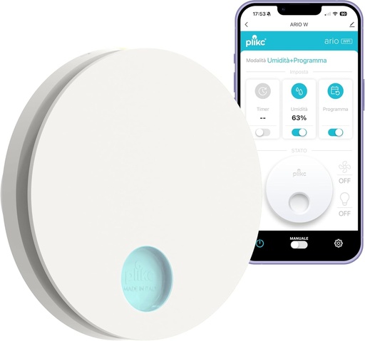 Ventilator de extracție WIFI cu aspirație axială, montat pe perete, plikc Ario W series - alimentare 230Vac - 100% FABRICAT ÎN ITALIA (Alb, gaură Ø148)