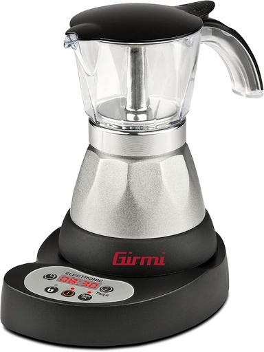 Girmi MC23, aparat Moka electric programabil pentru cafea măcinată, 1 până la 3 cești, 400W, afișaj LED, temporizator, menținere la cald, rotație 360°, negru/argintiu