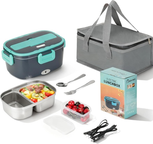Încălzitor electric portabil de alimente VINATO 1,5 L, cutie de prânz electrică de 60 W, cutie de prânz electrică, cutie de prânz electrică pentru mașină/birou, cu furculiță/lingură și geantă frigorifică