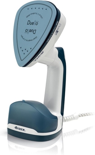 Ariete 6246 Duetto, Fier de călcat cu abur vertical și masă de călcat, Fier de călcat de călătorie, Talpă ceramică antiaderentă, 1000W, 180ml, Abur puternic și continuu, Alb/Albastru