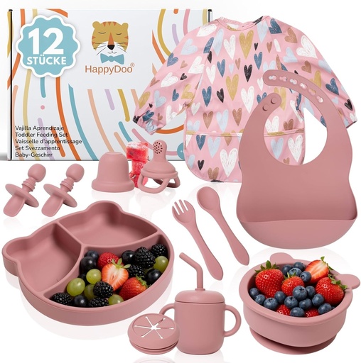 Set de înțărcare HappyDoo din silicon, 12 piese | Ventuză și bol, cană 3 în 1, tacâmuri, bavete impermeabile, suzetă cu fructe | Fără BPA, potrivit pentru cuptorul cu microunde și mașina de spălat vase