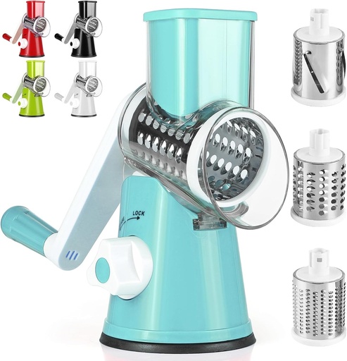 Tocător manual de legume Dreamhigh®, mandolină pentru legume cu 3 lame cilindrice din oțel inoxidabil, aspirație puternică, răzătoare de legume, pentru legume de bucătărie, cartofi, morcovi, salate, tocator