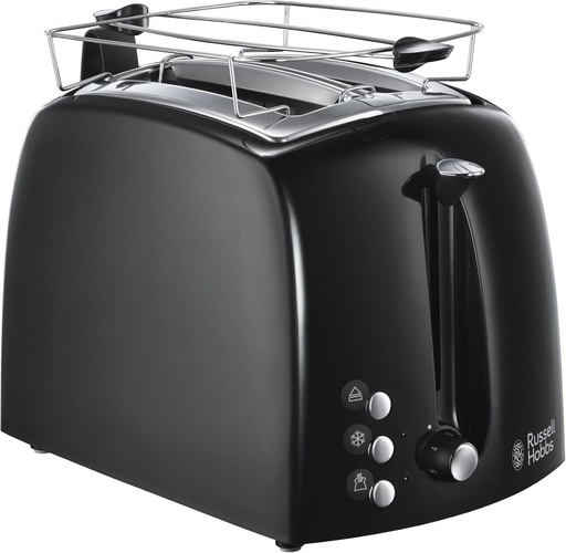 Prăjitor de pâine Russell Hobbs cu 2 felii, 850 W, încălzitor de chifle integrat, pâine prăjită, încălzitor de brioșe, funcție de dezghețare, tavă de firimituri, temperatură reglabilă, Textureplus+, 22601-56, negru
