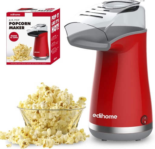 Aparat de popcorn Edihome, aparat de popcorn de 1200 W, include lingură de măsurat, popcorn gata în 2 minute (roșu)