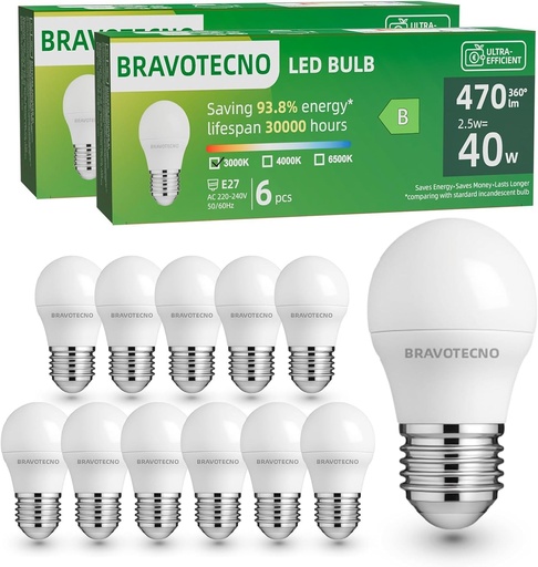 Becuri LED bravotecno E27, Clasa energetică B, LED E27 Lumină caldă 3000K, 2.5W 470LM G45, Echivalent cu 40W, Unghi fascicul 360°, Nedimabile, Căldură redusă și durată lungă de viață, 12 bucăți