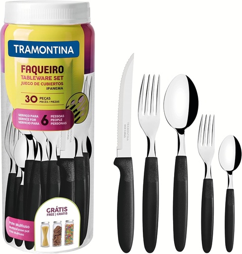 Set de tacâmuri Tramontina din oțel inoxidabil, 30 de piese, cu mânere negre din polipropilenă și recipient din plastic Ipanema