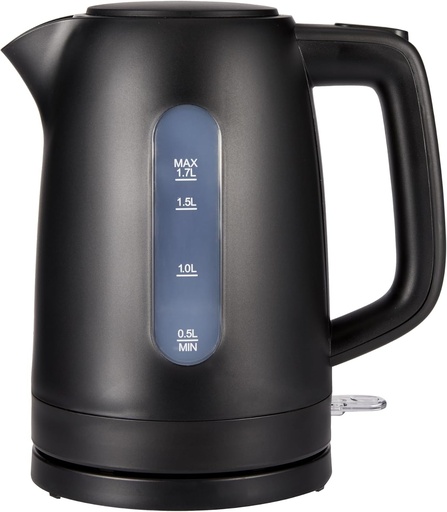 Fierbător electric Amazon Basics 1,7 l, 2200 W, fără BPA, cu bază la 360°, oprire automată și filtru anticalcar detașabil, negru mat