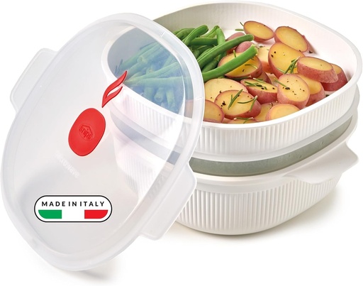 Snips - Aparat de gătit cu abur pentru microunde, alb, 4L, cu 2 tăvi suprapuse pentru gătit cu abur dublu, recipiente pentru alimente - Recipient pentru microunde, 26,5x22x13,5 cm, fabricat în Italia