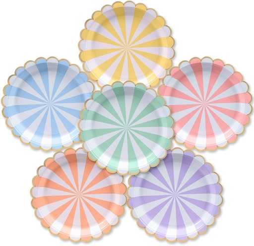 Farfurii de hârtie Confettiville Art, pachet de 50, farfurii de hârtie de unică folosință, margine festonată cu foiță de aur, dungi pastelate, 6 culori, 23 cm