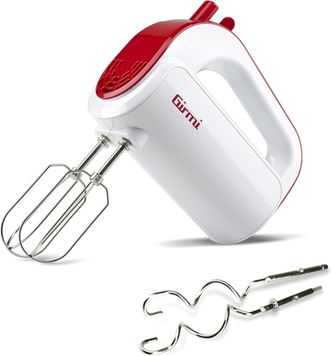 Mixer electric Girmi SB02, 170W, teluri din oțel inoxidabil pentru frișcă și albușuri, funcție Turbo, cârlige din oțel inoxidabil pentru aluat dulce și sărat, 5 viteze, alb/roșu