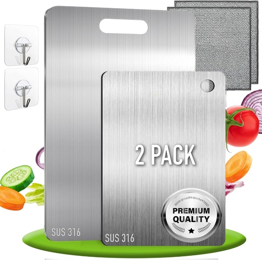 Set de 2 - Tocător reversibil din oțel inoxidabil din aliaj de titan - Set de bucătărie profesional SUS316 + cârlige și lavete - Tocător din oțel inoxidabil de calitate alimentară - Antibacterian și durabil | 3 stele