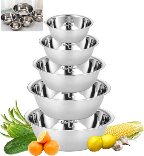 Set de 5 boluri din oțel inoxidabil Yitobici, boluri pentru salată cu cântar, boluri pentru amestecat și boluri de servire stivuibile, boluri pentru amestecat din oțel inoxidabil cu cântar