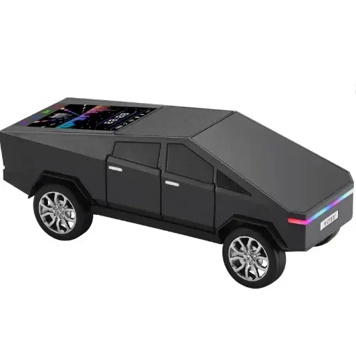 Boxa bluetooth wireless 15W design masina neagra Cybertruck, display touchscreen color, lumini LED RGB, 30cm