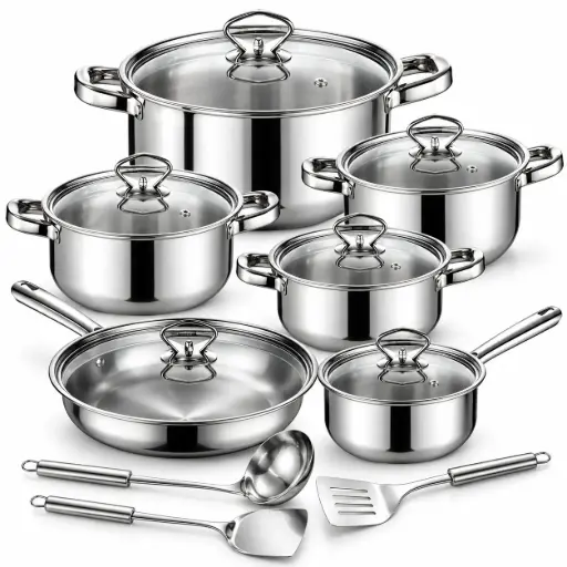 [OR205] Un set de oale de bucătărie din oțel, 15 piese, tigaie, polonic
