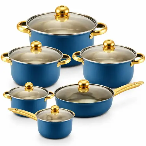 [OR203] Set de vase de gătit cu 12 piese | Set de oale | Oale și tigăi | Oale cu capace de sticlă | Compatibile cu inducție | Albastru și auriu, oțel inoxidabil