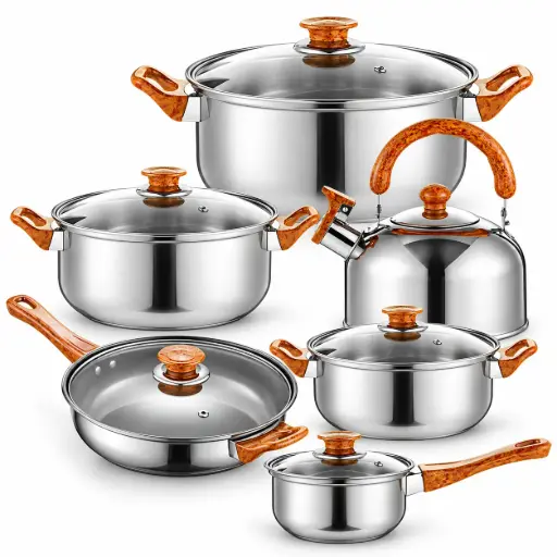 [OR202] Set oale din oțel inoxidabil cu capace de sticlă: 3 oale, cratiță, tigaie și ibric