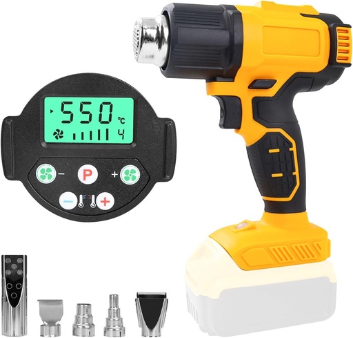 Pistol de căldură Dewalt, fără fir, 20V, alimentat cu baterie, pistol cu ​​aer cald fără fir cu 5 duze, 2 setări de temperatură, maxim 550gradeC pentru tuburi termocontractabile, înfășurare