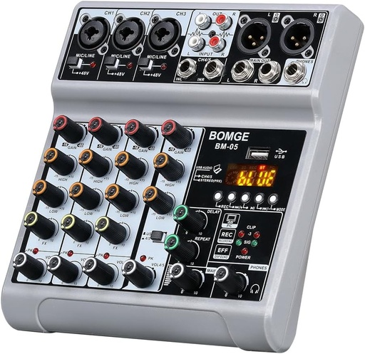 Mixer audio BOMGE, consolă de mixaj cu placă de sunet cu efect digital USB Bluetooth Echo Delay pe 5 canale, mixere DJ stereo cu alimentare Phantom 48V pentru înregistrare, streaming live, podcasting