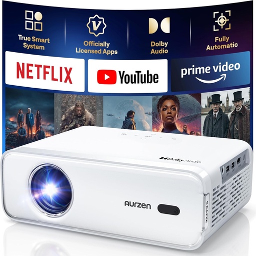 NetfIix Oficial și DoIby Audio Proiector inteligent Aurzen Eazze D1, compatibil 4K, cu focalizare automată și reglare trapezoidală automată, zoom 50%, HDR 10, proiector portabil 60Hz pentru iOS/Android/USB/Stick TV