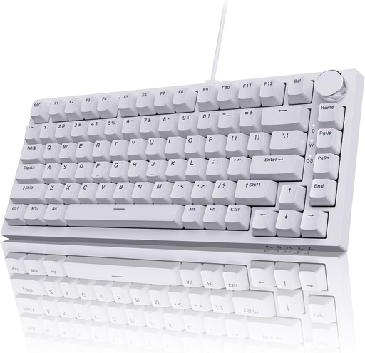 Tastatură mecanică cu fir AJAZZ AK820, tastatură de gaming cu 82 de taste, 75% QWERTY, cu buton de control al volumului, taste PBT, comutatoare albastre, efect de iluminare LED albastru glacial orientat spre nord, albă