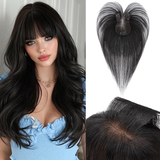 Benehair Acoperiș din păr natural pentru femei, acoperiș 100% păr natural cu breton, 14g pentru îngroșarea părului subțire cu breton, acoperiș din păr uman cu bază 7x11cm pentru partea superioară a capului, 27cm #02 Maro închis