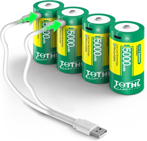 Pachet de 4 Baterii reîncărcabile, cablu de încărcare USB 2 în 1, baterii litiu-ion C, baterie de schimb LR14 1.5V, dimensiune C, 5000mWh, pentru reflectoare și jucării