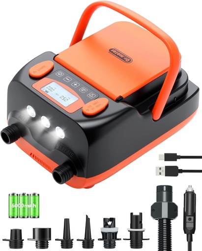 Pompă electrică Dr.meter, pompă SUP electrică de 6000 mAh, alimentare de înaltă presiune, 12 V CC, cu 2 porturi USB, 3 lumini LED și 6 duze pentru piscină, saltea, padelă