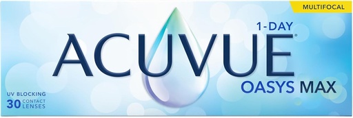 Lentile de contact Acuvue Oasys Max 1-Day multifocale zilnice cu tehnologie TearStable, filtru de lumină OptiBlue și design optimizat pentru pupilă, dioptrii, diametru 14.3 mm, 30 de unități, adiție +1.50, curbă de bază 8.4 mm